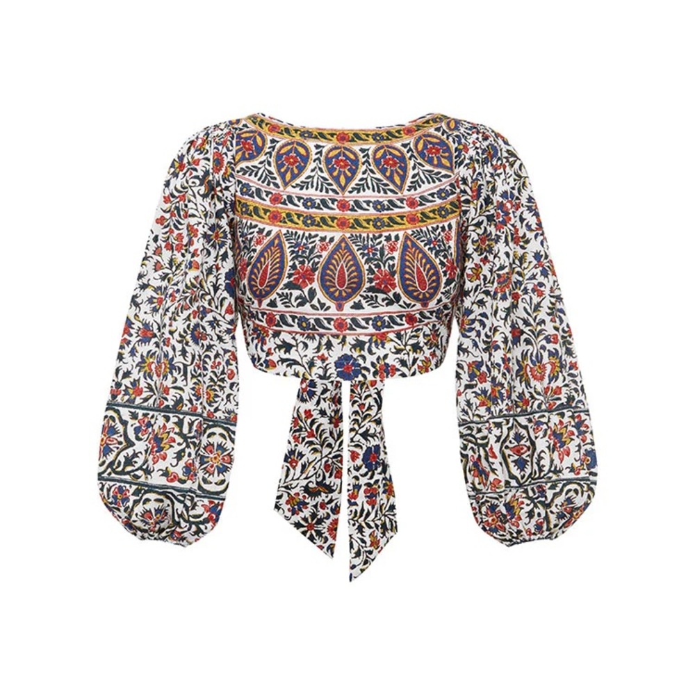 BOTEH Floral Print Crop Top with Puff Sleeves and open back